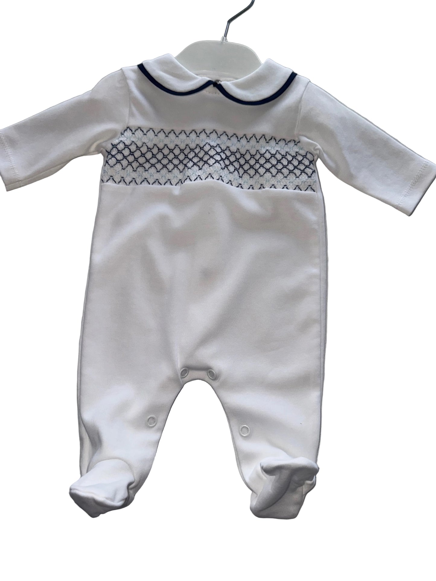 Hugo-White and Blue Smocked Babygrow