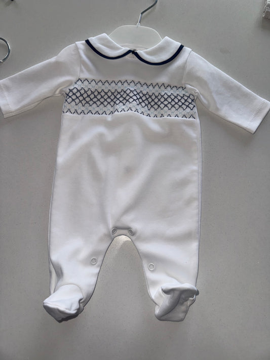 Hugo-White and Blue Smocked Babygrow